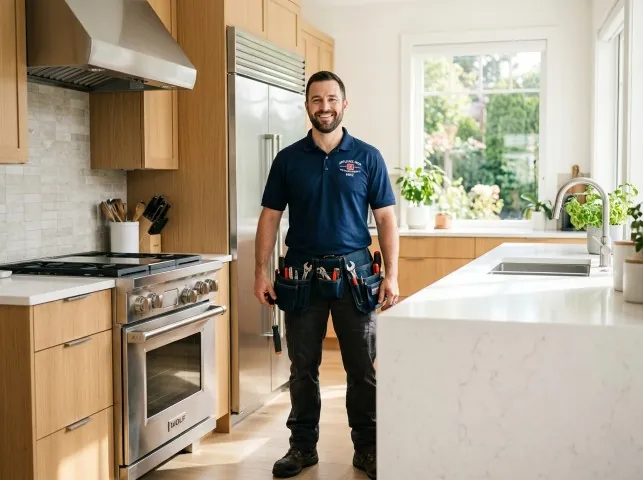 Appliance Repair Hero technician in a Albion, RI kitchen after an appliance repair