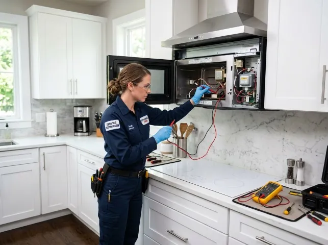 Appliance Repair Hero technician testing an over-the-range microwave in a Albion, RI kitchen